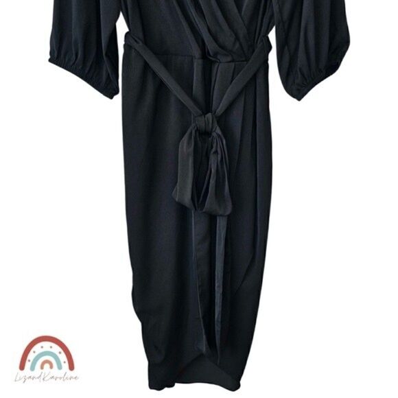 New! City Chic Opulent Faux Wrap Elbow Sleeve Black Midi Dress - Picture 7 of 15